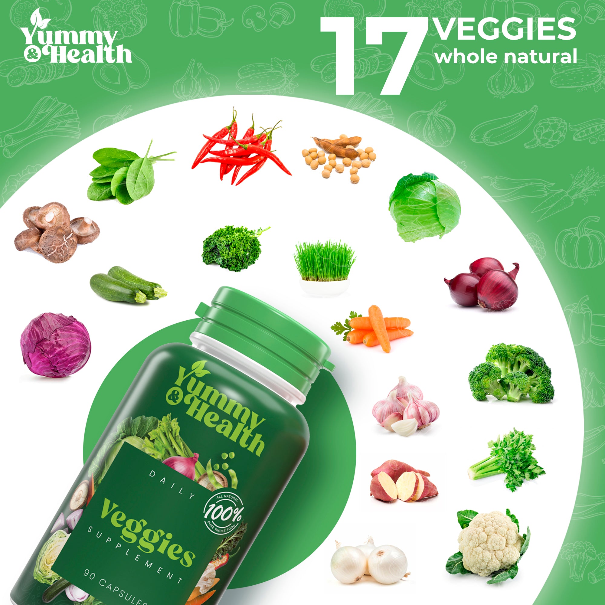 17 whole vegetables in the Yummy & Health Veggies formula